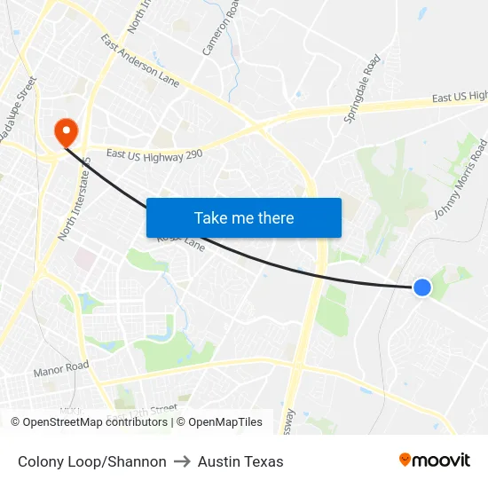 Colony Loop/Shannon to Austin Texas map