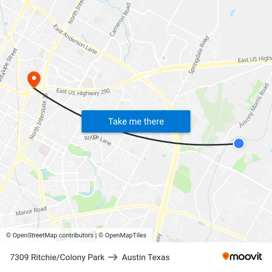 7309 Ritchie/Colony Park to Austin Texas map