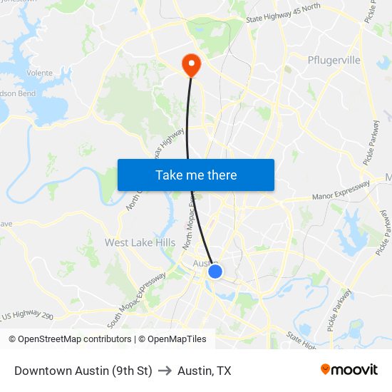 Downtown Austin (9th St) to Austin, TX map