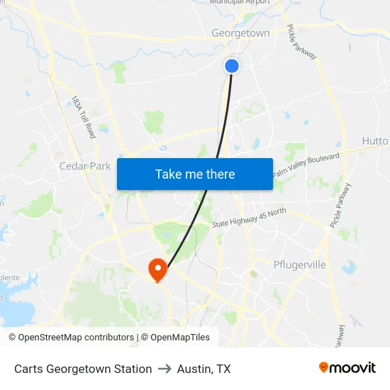 Carts Georgetown Station to Austin, TX map