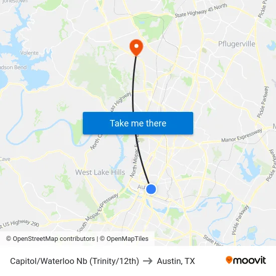 Capitol/Waterloo Nb (Trinity/12th) to Austin, TX map