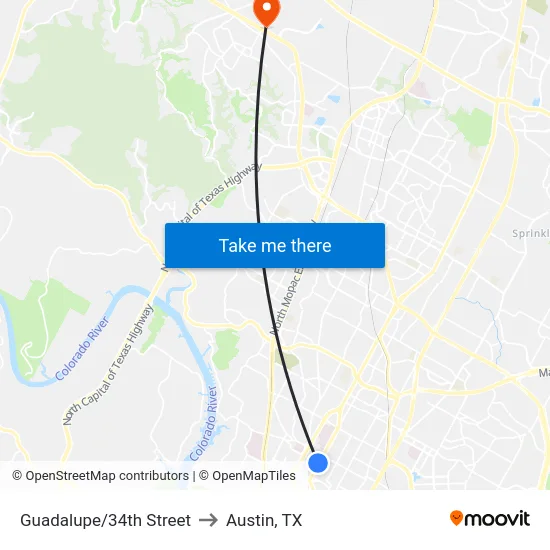Guadalupe/34th Street to Austin, TX map