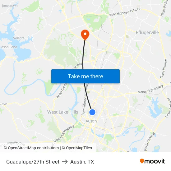 Guadalupe/27th Street to Austin, TX map