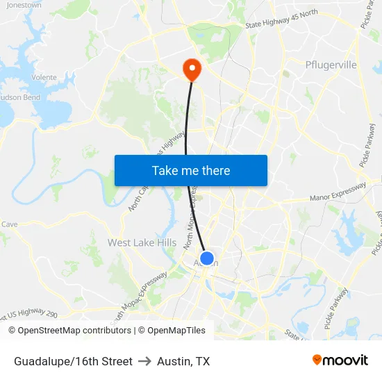 Guadalupe/16th Street to Austin, TX map