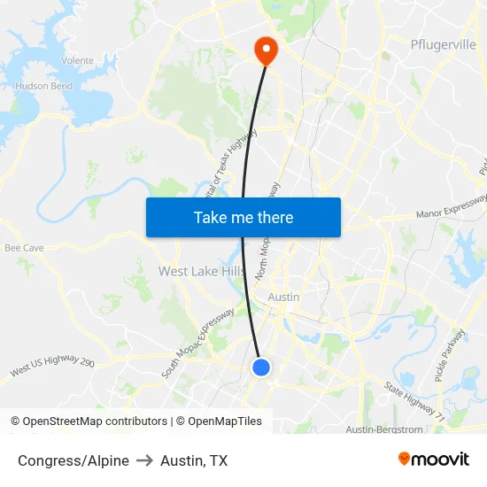 Congress/Alpine to Austin, TX map