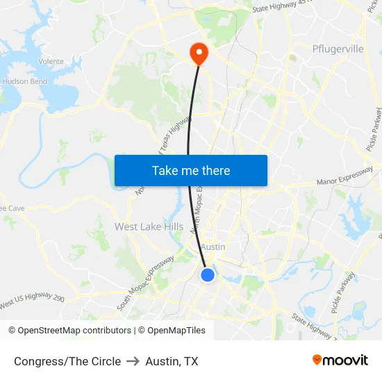 Congress/The Circle to Austin, TX map