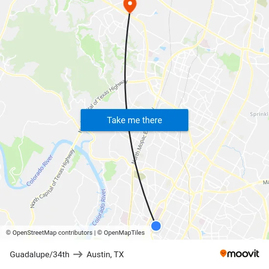 Guadalupe/34th to Austin, TX map