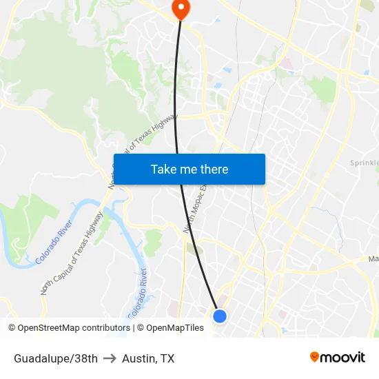 Guadalupe/38th to Austin, TX map