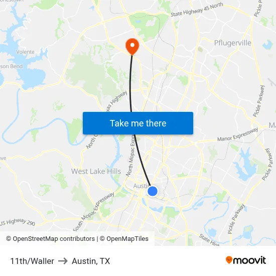11th/Waller to Austin, TX map