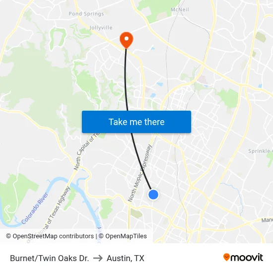 Burnet/Twin Oaks Dr. to Austin, TX map
