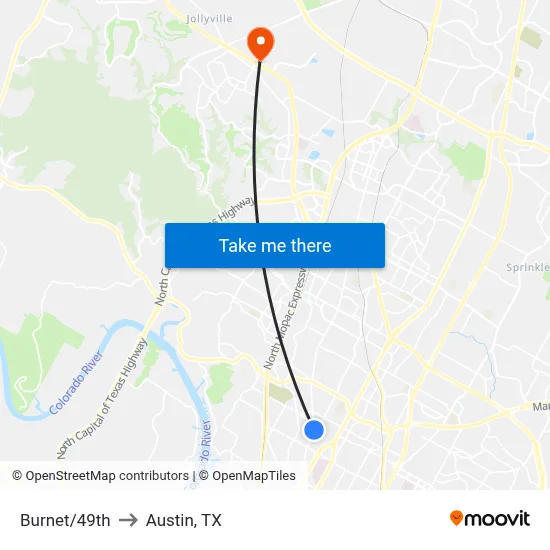 Burnet/49th to Austin, TX map