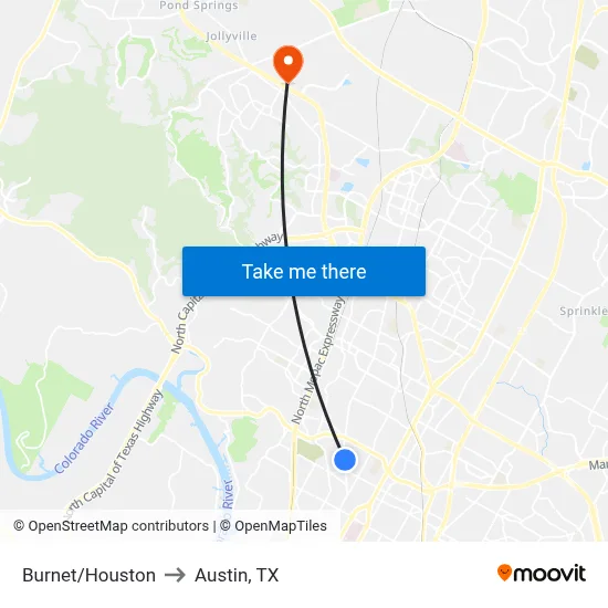 Burnet/Houston to Austin, TX map