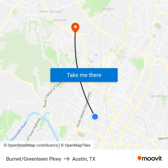 Burnet/Greenlawn Pkwy to Austin, TX map
