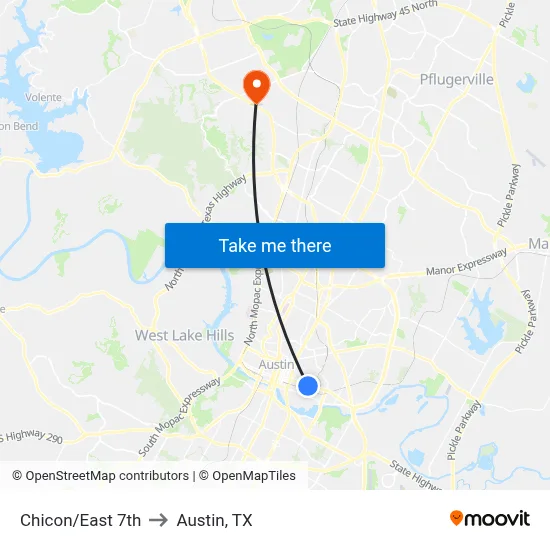 Chicon/East 7th to Austin, TX map
