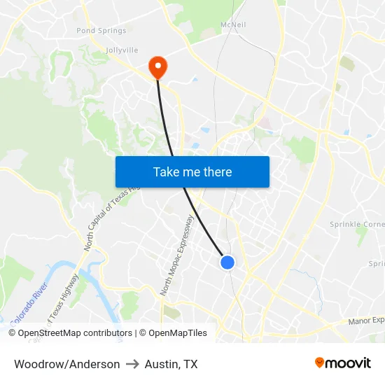 Woodrow/Anderson to Austin, TX map