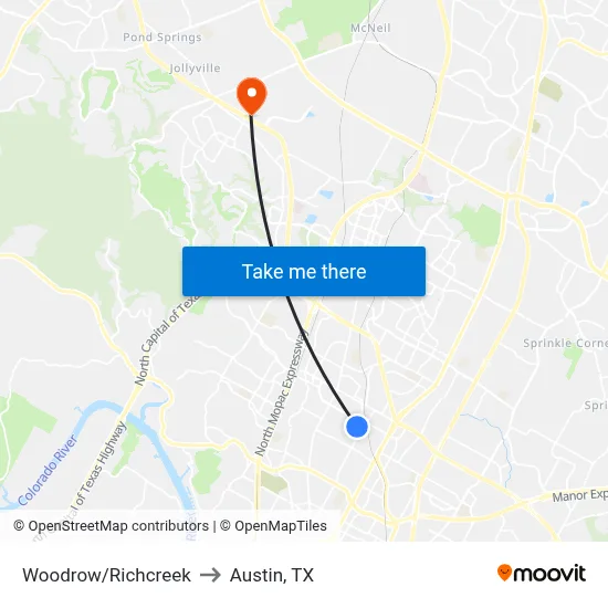 Woodrow/Richcreek to Austin, TX map