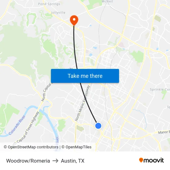 Woodrow/Romeria to Austin, TX map