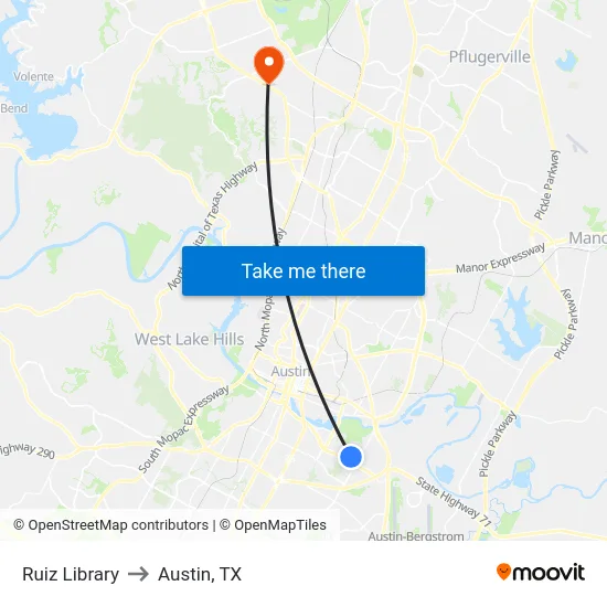 Ruiz Library to Austin, TX map