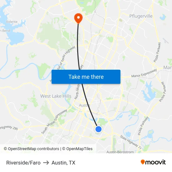 Riverside/Faro to Austin, TX map