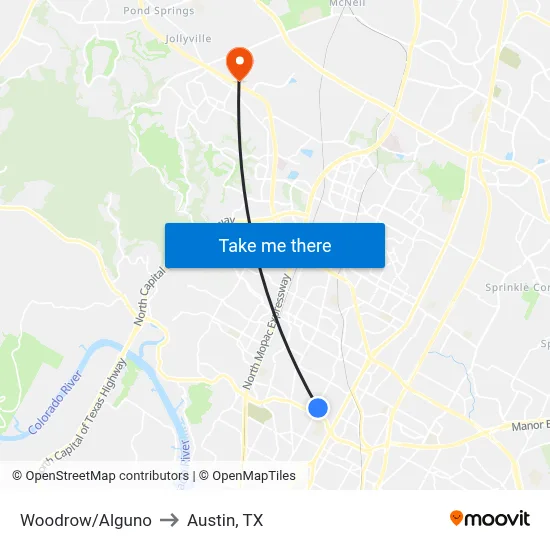 Woodrow/Alguno to Austin, TX map