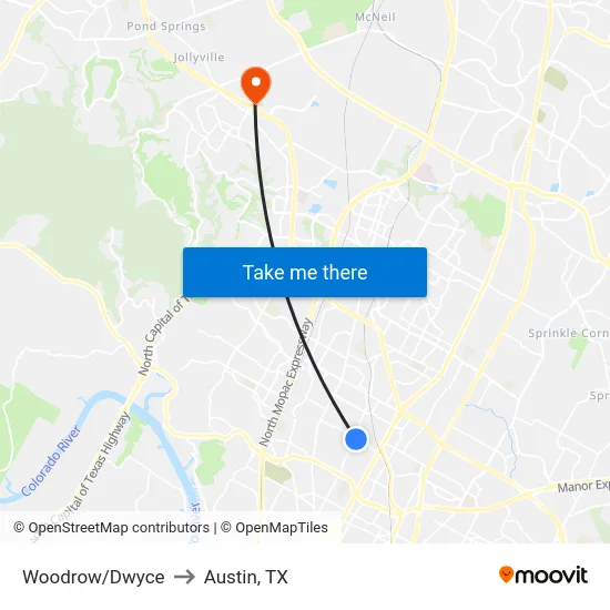 Woodrow/Dwyce to Austin, TX map