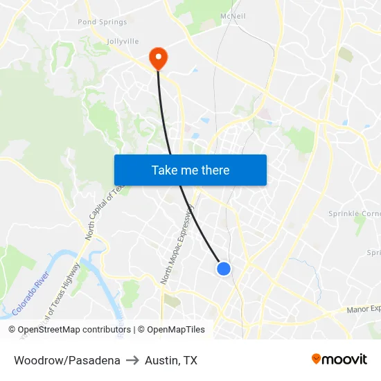 Woodrow/Pasadena to Austin, TX map