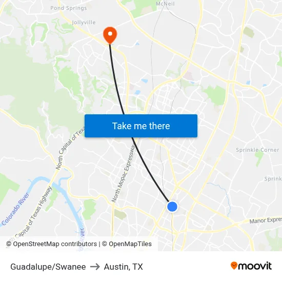 Guadalupe/Swanee to Austin, TX map