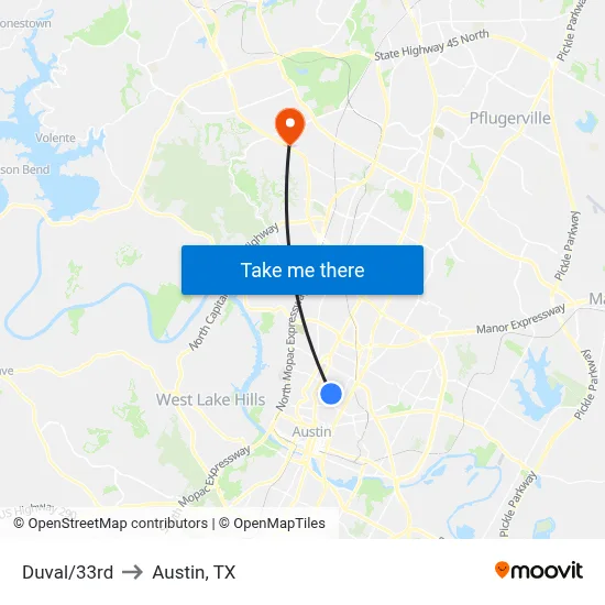 Duval/33rd to Austin, TX map