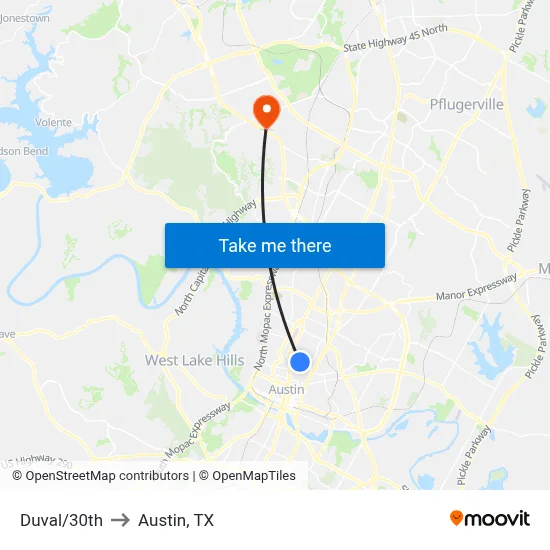 Duval/30th to Austin, TX map