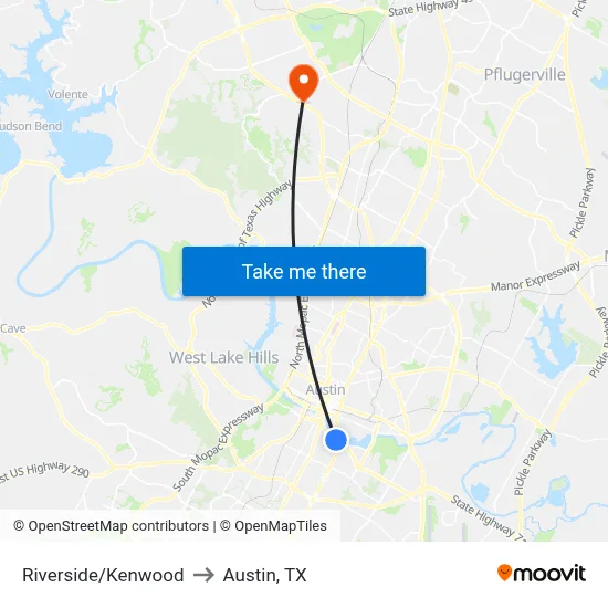 Riverside/Kenwood to Austin, TX map