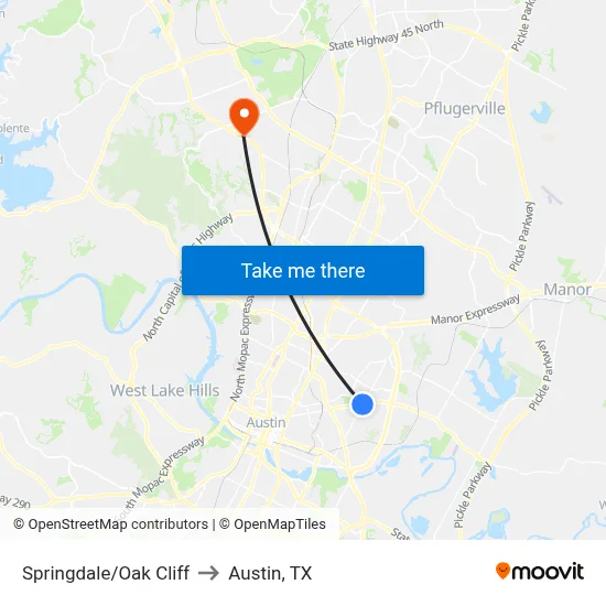Springdale/Oak Cliff to Austin, TX map
