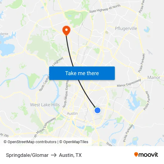 Springdale/Glomar to Austin, TX map