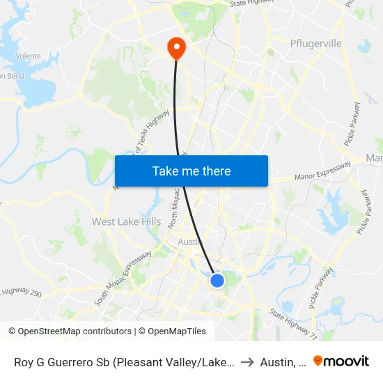 Roy G Guerrero Sb (Pleasant Valley/Lakeshore) to Austin, TX map