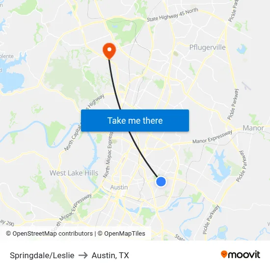 Springdale/Leslie to Austin, TX map