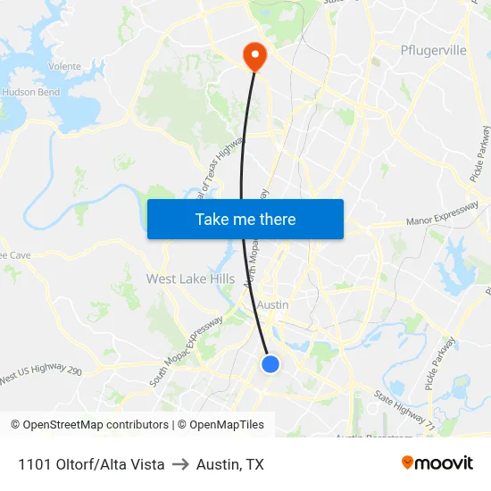 1101 Oltorf/Alta Vista to Austin, TX map
