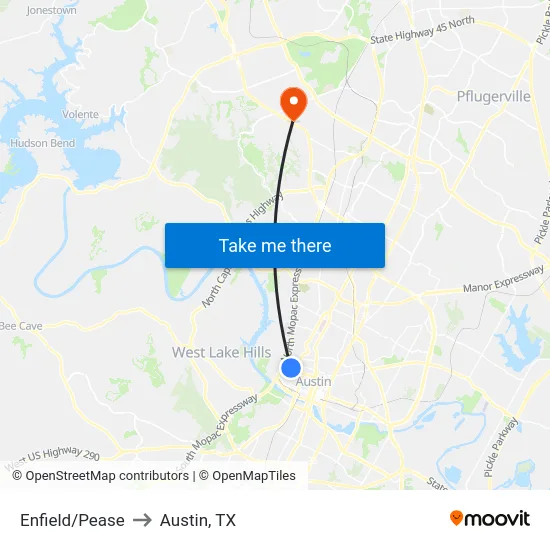 Enfield/Pease to Austin, TX map