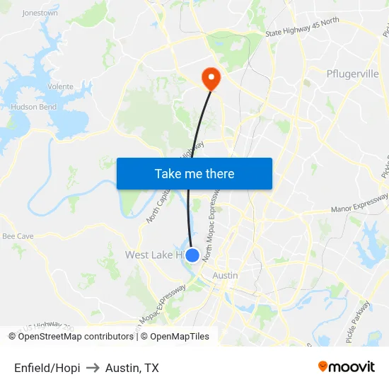 Enfield/Hopi to Austin, TX map