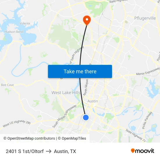 2401 S 1st/Oltorf to Austin, TX map