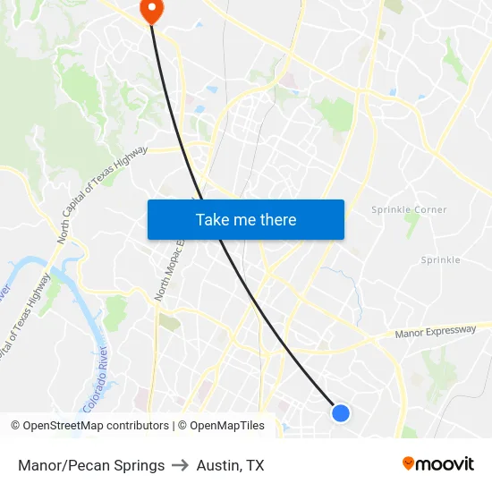 Manor/Pecan Springs to Austin, TX map