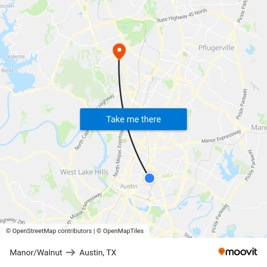 Manor/Walnut to Austin, TX map