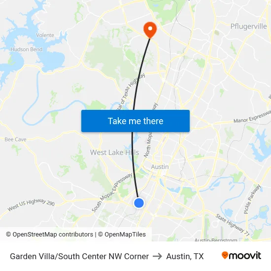 Garden Villa/South Center NW Corner to Austin, TX map