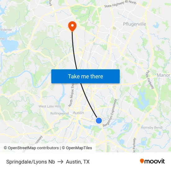 Springdale/Lyons Nb to Austin, TX map