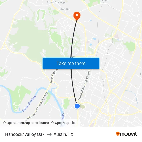 Hancock/Valley Oak to Austin, TX map