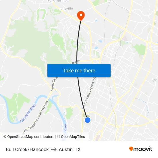 Bull Creek/Hancock to Austin, TX map
