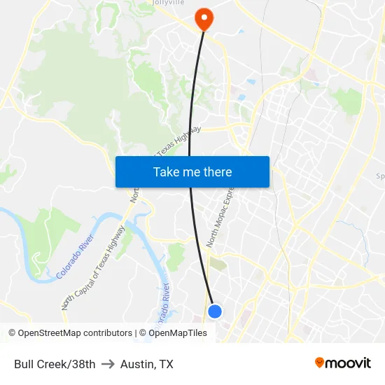 Bull Creek/38th to Austin, TX map