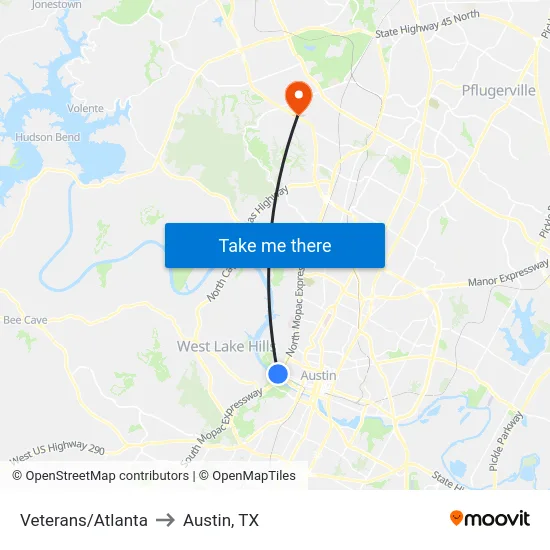 Veterans/Atlanta to Austin, TX map