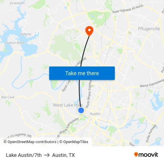 Lake Austin/7th to Austin, TX map