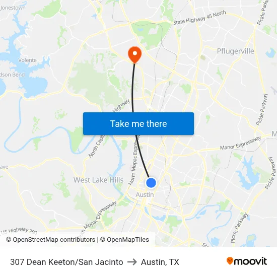 307 Dean Keeton/San Jacinto to Austin, TX map