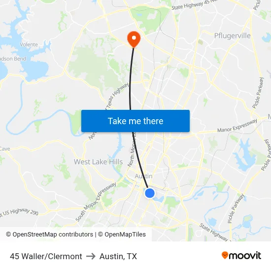 45 Waller/Clermont to Austin, TX map