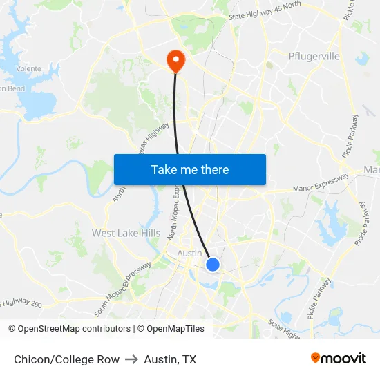 Chicon/College Row to Austin, TX map